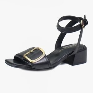 Leather Ankle-Strap Sandal with Gold Buckle block heel
